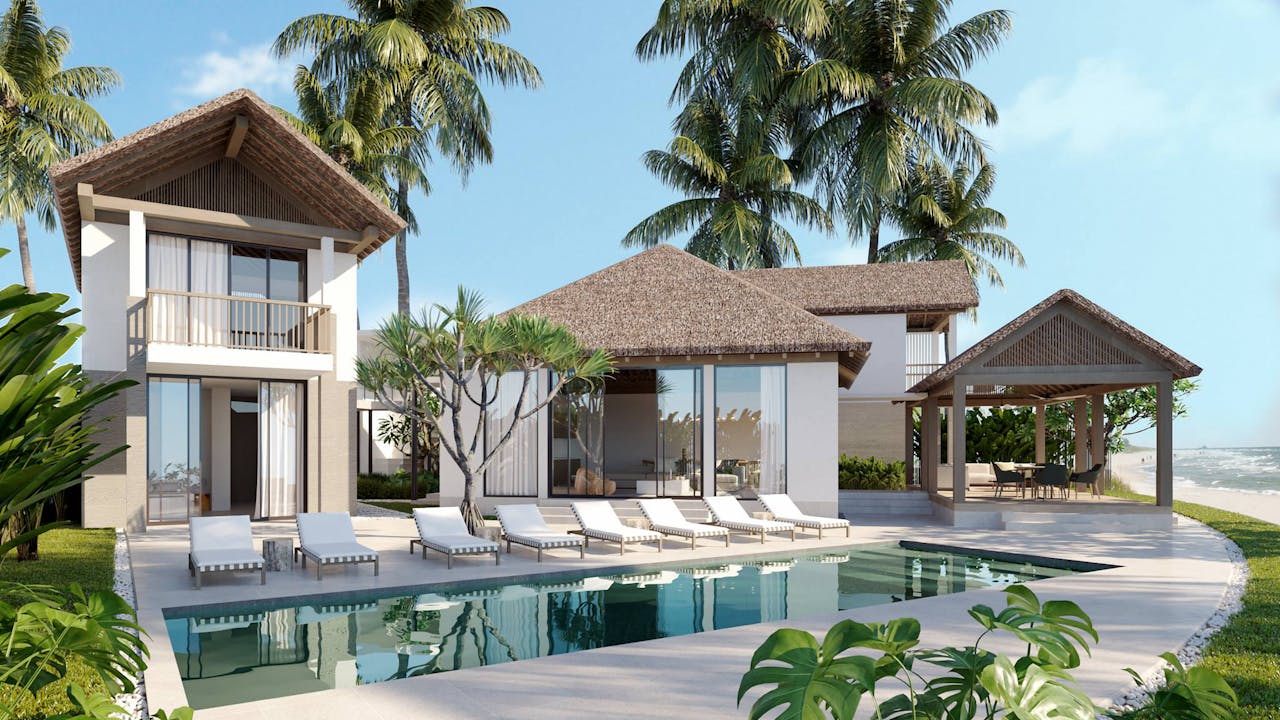 Elegant tropical villa with a private pool, palm trees, and ocean view.